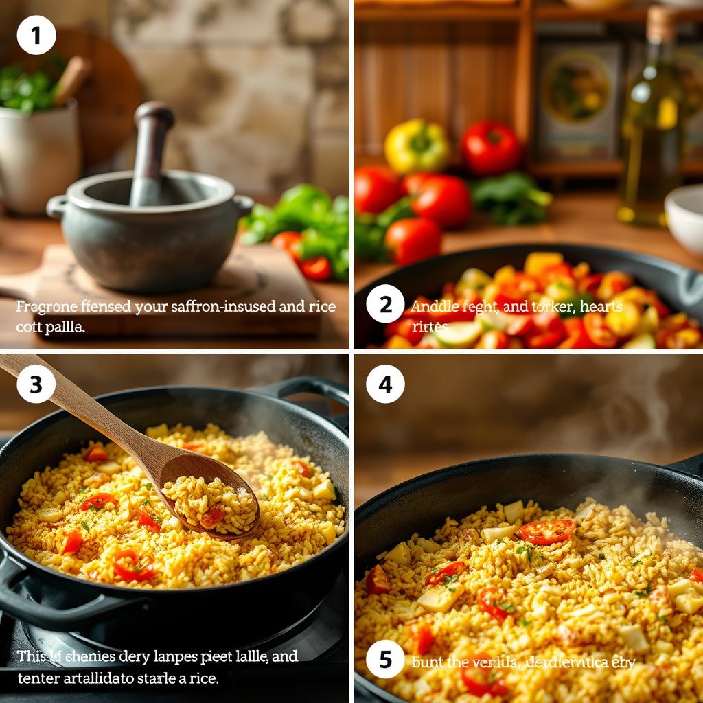 A step-by-step visual guide to crafting vegan paella. In the foreground, a wooden spoon stirs fragrant saffron-infused rice, simmering in a large cast-iron pan. Mid-ground, freshly chopped vegetables - vibrant bell peppers, juicy tomatoes, and tender artichoke hearts - are ready to be added. In the background, a rustic kitchen counter with a mortar and pestle, herbs, and a bottle of olive oil sets the scene. Warm lighting casts a cozy glow, as steam rises from the pan, enticing the viewer to dive into this flavorful plant-based dish. The image should convey the simplicity and joy of cooking this classic Spanish meal.
