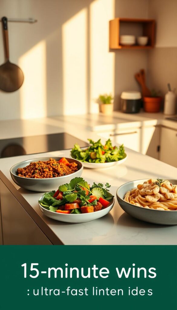 A stylish, minimalist kitchen countertop bathed in warm, natural light. On the surface, an array of freshly prepared vegan dishes: a hearty lentil and vegetable curry, a crisp salad with leafy greens and vibrant veggies, and a creamy cashew-based pasta. Vibrant colors, clean lines, and a sense of effortless efficiency convey the theme of "15-minute wins: ultra-fast vegan dinner ideas". The composition is balanced, with a focus on the prepared meals as the central subject, surrounded by a sparse yet carefully curated selection of kitchen tools and ingredients. The overall mood is one of simplicity, health, and culinary delight. A stylish, minimalist kitchen countertop bathed in warm, natural light. On the surface, an array of freshly prepared vegan dishes: a hearty lentil and vegetable curry, a crisp salad with leafy greens and vibrant veggies, and a creamy cashew-based pasta. Vibrant colors, clean lines, and a sense of effortless efficiency convey the theme of "15-minute wins: ultra-fast vegan dinner ideas". The composition is balanced, with a focus on the prepared meals as the central subject, surrounded by a sparse yet carefully curated selection of kitchen tools and ingredients. The overall mood is one of simplicity, health, and culinary delight.