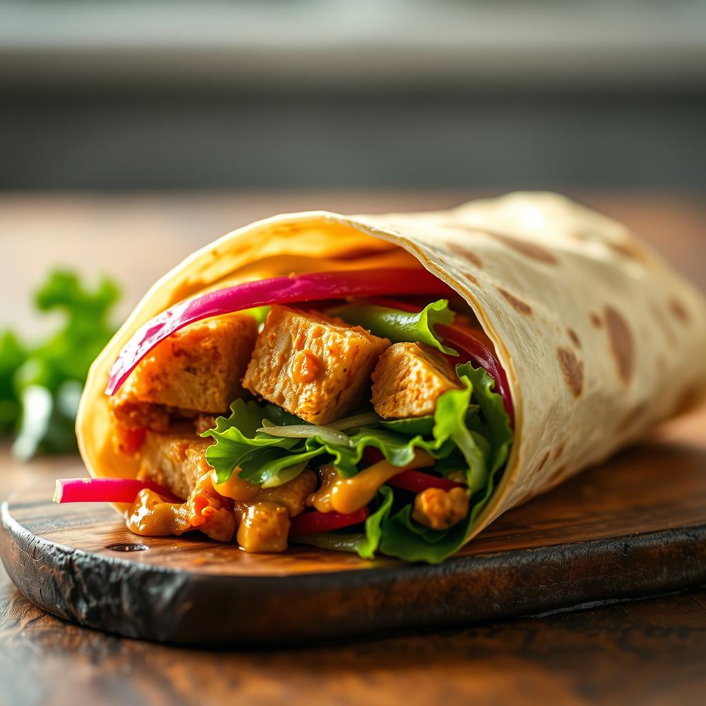 A tempting Thai peanut crunch wrap, filled with tender tofu, crisp veggies, and a vibrant peanut sauce, rests on a wooden surface. The wrap is presented in a close-up, high-angle shot, allowing the viewer to appreciate the layers of texture and flavor. Soft, warm lighting illuminates the scene, casting a cozy, inviting glow. The background is blurred, keeping the focus on the delectable wrap. The image conveys a sense of fresh, wholesome, and delicious vegan cuisine that is both visually appealing and mouthwatering.