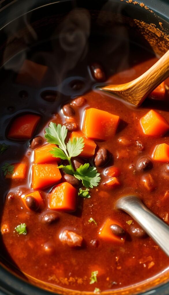 Thick, hearty black bean soup with diced carrots, garnished with fresh cilantro, steaming in a slow cooker.