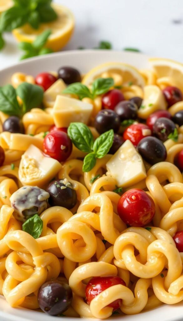 A vibrant, Italian-inspired vegan pasta salad with tender artichoke hearts, briny kalamata olives, and a zesty lemon-herb dressing. The pasta spirals in the foreground are coated in a creamy, emulsified dressing, creating a glossy, appetizing finish. In the middle ground, the artichoke quarters and olive slices add pops of color and texture, while a scattering of fresh basil leaves and lemon wedges in the background complete the Mediterranean aesthetic. Soft, indirect lighting casts a warm glow on the scene, enhancing the fresh, summery mood. The composition is balanced and elegant, inviting the viewer to imagine digging into this delicious, healthy vegan pasta salad. A vibrant, Italian-inspired vegan pasta salad with tender artichoke hearts, briny kalamata olives, and a zesty lemon-herb dressing. The pasta spirals in the foreground are coated in a creamy, emulsified dressing, creating a glossy, appetizing finish. In the middle ground, the artichoke quarters and olive slices add pops of color and texture, while a scattering of fresh basil leaves and lemon wedges in the background complete the Mediterranean aesthetic. Soft, indirect lighting casts a warm glow on the scene, enhancing the fresh, summery mood. The composition is balanced and elegant, inviting the viewer to imagine digging into this delicious, healthy vegan pasta salad.
