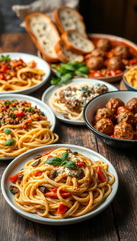 A vibrant and appetizing scene of various vegan pasta dishes artfully arranged on a rustic wooden table. In the foreground, a plate of fresh, colorful pasta twirled with a creamy cashew-based sauce, garnished with sautéed vegetables and sprigs of basil. Behind it, a bowl of hearty lentil and roasted vegetable ragu, its rich tomato-based sauce glistening. In the middle ground, a platter showcasing a variety of homemade vegan meatballs, nestled between fragrant slices of garlic bread. The background is softly lit, highlighting the textural contrast of the different pasta shapes and toppings. The overall mood is one of cozy, comforting, and wholesome weeknight dining.