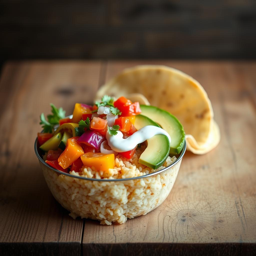 A vibrant and appetizing vegan burrito bowl, artfully arranged on a rustic wooden surface. In the foreground, a generous scoop of steaming rice is topped with a colorful medley of sautéed veggies, including bell peppers, onions, and zucchini. Nestled alongside are creamy avocado slices, fresh pico de gallo, and a drizzle of tangy vegan crema. The middle ground features a warm tortilla, gently folded and inviting to be added to the bowl. Soft lighting from above casts a warm glow, highlighting the dish's textures and vibrant hues. The background is softly blurred, allowing the burrito bowl to be the star of the scene, capturing the essence of a delicious and nourishing plant-based meal. A vibrant and appetizing vegan burrito bowl, artfully arranged on a rustic wooden surface. In the foreground, a generous scoop of steaming rice is topped with a colorful medley of sautéed veggies, including bell peppers, onions, and zucchini. Nestled alongside are creamy avocado slices, fresh pico de gallo, and a drizzle of tangy vegan crema. The middle ground features a warm tortilla, gently folded and inviting to be added to the bowl. Soft lighting from above casts a warm glow, highlighting the dish's textures and vibrant hues. The background is softly blurred, allowing the burrito bowl to be the star of the scene, capturing the essence of a delicious and nourishing plant-based meal.