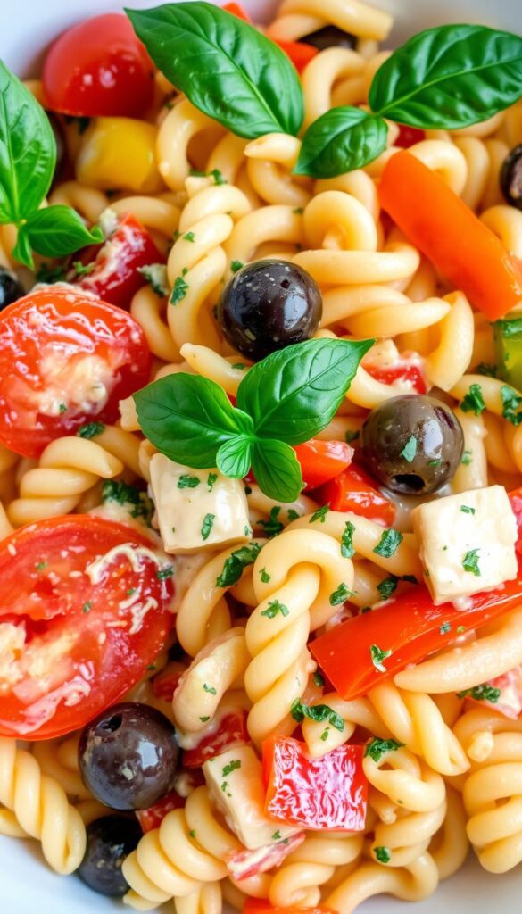 A vibrant and appetizing vegan pasta salad, freshly tossed with a variety of colorful and crisp vegetables. The pasta is al dente, coated in a creamy, dairy-free dressing made with tangy vegan mayonnaise and fragrant herbs. Juicy tomatoes, crunchy bell peppers, and gently marinated olives are arranged in an eye-catching composition, inviting the viewer to indulge in this wholesome and flavor-packed plant-based dish. Soft, natural lighting illuminates the scene, highlighting the inviting textures and mouthwatering details. The overall presentation evokes a sense of freshness, balance, and the pure enjoyment of a delicious, nutritious vegan meal. A vibrant and appetizing vegan pasta salad, freshly tossed with a variety of colorful and crisp vegetables. The pasta is al dente, coated in a creamy, dairy-free dressing made with tangy vegan mayonnaise and fragrant herbs. Juicy tomatoes, crunchy bell peppers, and gently marinated olives are arranged in an eye-catching composition, inviting the viewer to indulge in this wholesome and flavor-packed plant-based dish. Soft, natural lighting illuminates the scene, highlighting the inviting textures and mouthwatering details. The overall presentation evokes a sense of freshness, balance, and the pure enjoyment of a delicious, nutritious vegan meal.