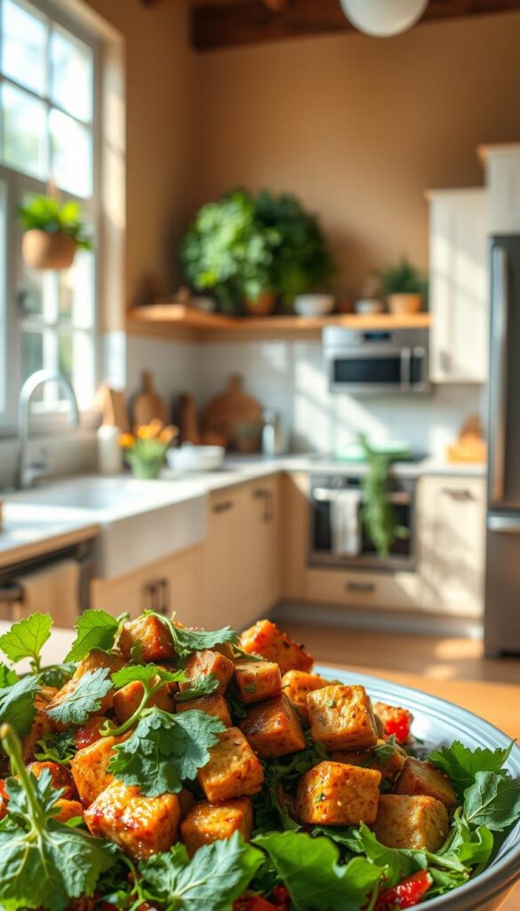 A vibrant and inviting kitchen scene with natural lighting streaming through large windows. In the foreground, a delectable plant-based meal takes center stage - a hearty stir-fry brimming with fresh veggies, fragrant herbs, and tender tofu, ready to be enjoyed. In the middle ground, a sleek, modern kitchen with minimal clutter, conveying the ease and efficiency of vegan cooking. The background features a cozy, warm-toned color palette, creating a welcoming atmosphere. The overall mood is one of comfort, simplicity, and the satisfaction of a nourishing, meatless dinner that can be prepared quickly on a busy weeknight. A vibrant and inviting kitchen scene with natural lighting streaming through large windows. In the foreground, a delectable plant-based meal takes center stage - a hearty stir-fry brimming with fresh veggies, fragrant herbs, and tender tofu, ready to be enjoyed. In the middle ground, a sleek, modern kitchen with minimal clutter, conveying the ease and efficiency of vegan cooking. The background features a cozy, warm-toned color palette, creating a welcoming atmosphere. The overall mood is one of comfort, simplicity, and the satisfaction of a nourishing, meatless dinner that can be prepared quickly on a busy weeknight.