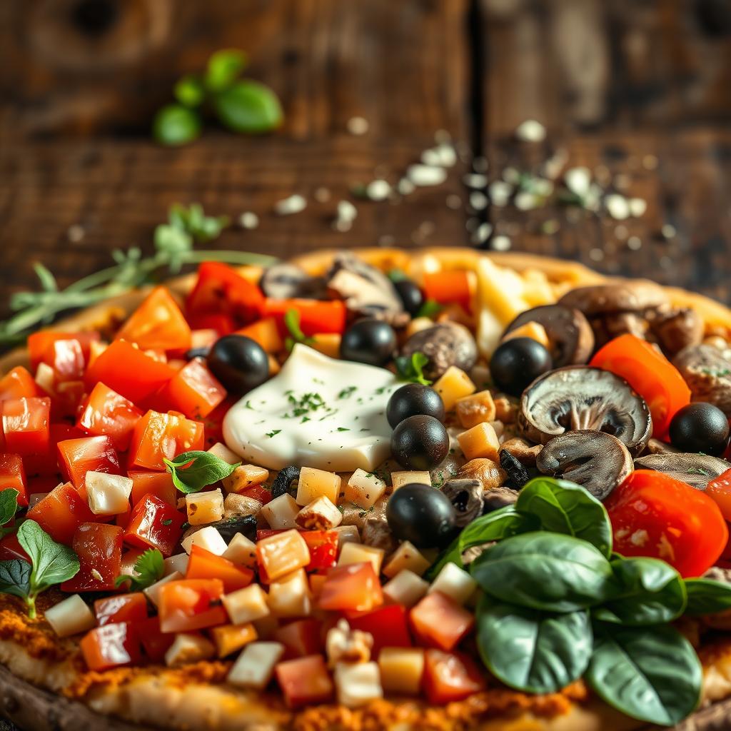 Vibrant vegan pizza topped with diced tomatoes, olives, mushrooms, and fresh basil, arranged artfully against a rustic wood backdrop, showcasing a variety of textures and flavors.