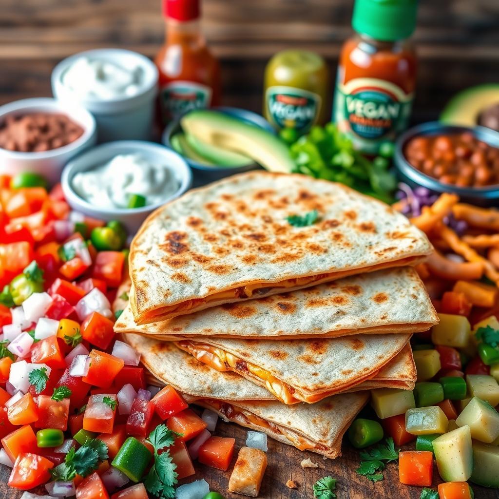 Colorful assortment of fresh vegan toppings, including diced tomatoes, onions, and peppers, alongside three grilled quesadillas, with bowls of guacamole, sour cream, and salsas in the background, emphasizing a vibrant vegan quesadilla meal setup.