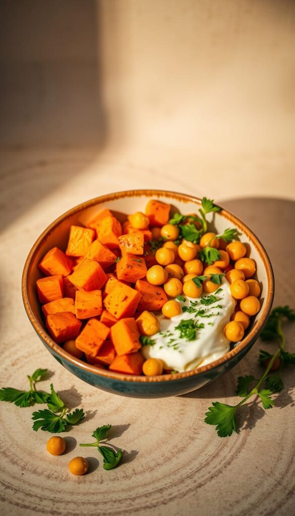 A vibrant bowl filled with roasted sweet potato cubes, creamy chickpeas, and a scattering of fresh herbs against a neutral backdrop. Warm lighting casts a cozy glow, highlighting the earthy tones and natural textures. The arrangement is visually balanced, with the ingredients neatly organized to create an appealing, Instagram-worthy display. The overall mood is one of nourishment and simplicity, inviting the viewer to savor a wholesome, plant-based meal.