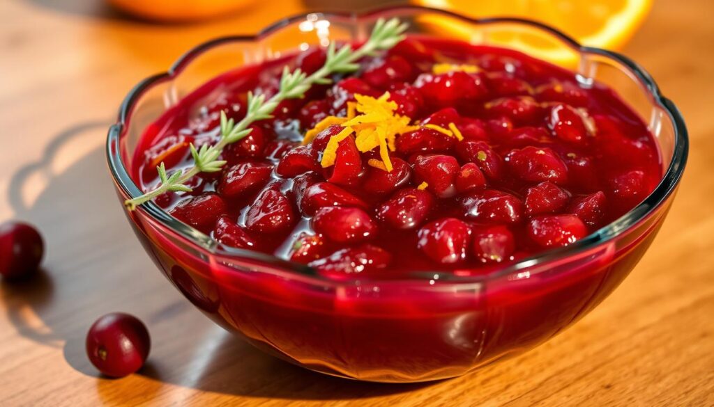 Vibrant homemade cranberry sauce with glossy sheen, garnished with fresh orange zest and herbs, complementing vegan Thanksgiving recipes.