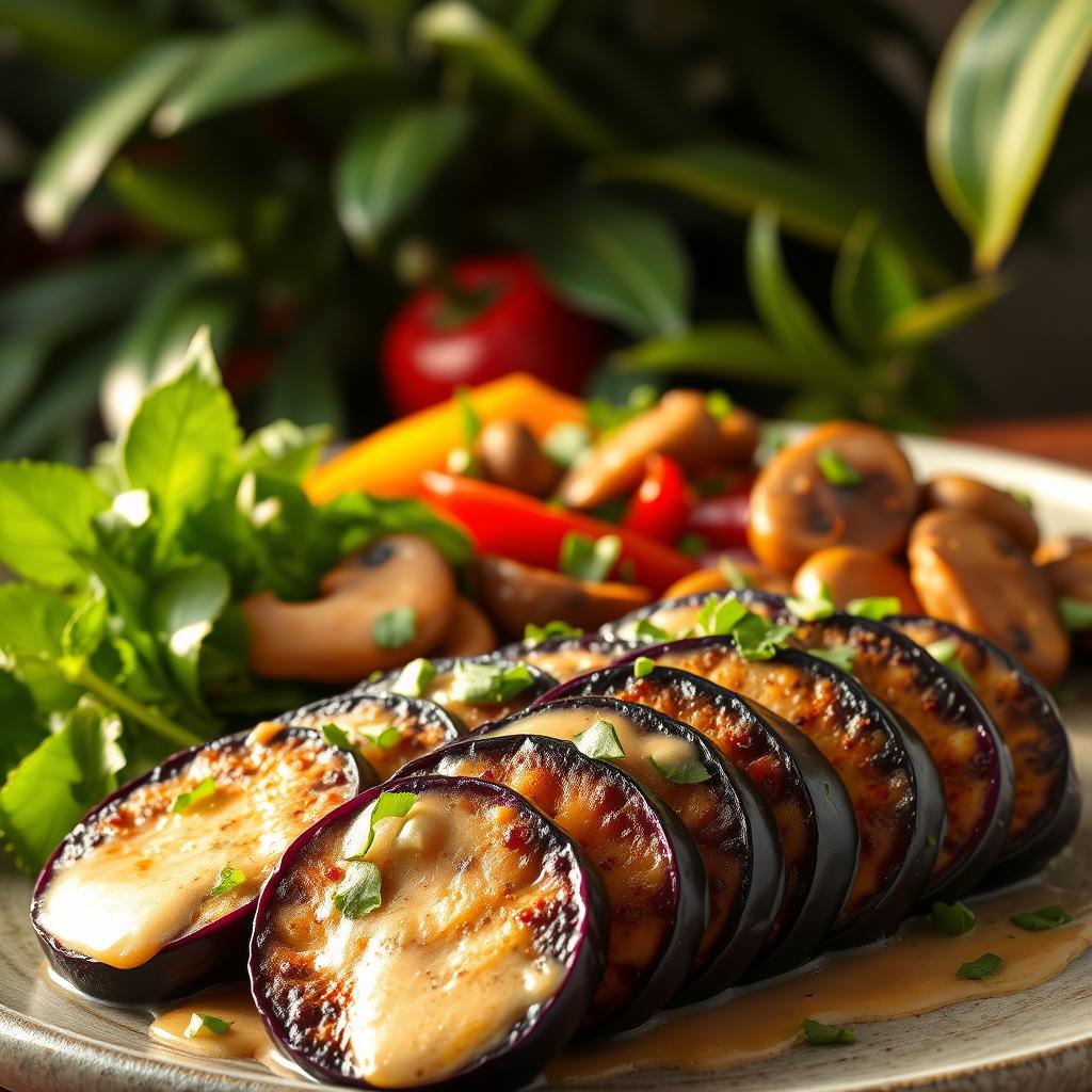A vibrant eggplant dish set against a backdrop of lush Thai greenery. In the foreground, tender purple eggplant slices seared to perfection, drizzled with a fragrant coconut-lime sauce and garnished with fresh herbs. In the middle ground, colorful bell peppers and mushrooms sautéed to retain their crunch. The scene is bathed in warm, golden light, creating a cozy, inviting atmosphere. The composition is balanced, with the produce taking center stage, showcasing its inherent beauty. The image evokes the flavors and aromas of an authentic Thai vegan meal, ready to be enjoyed.