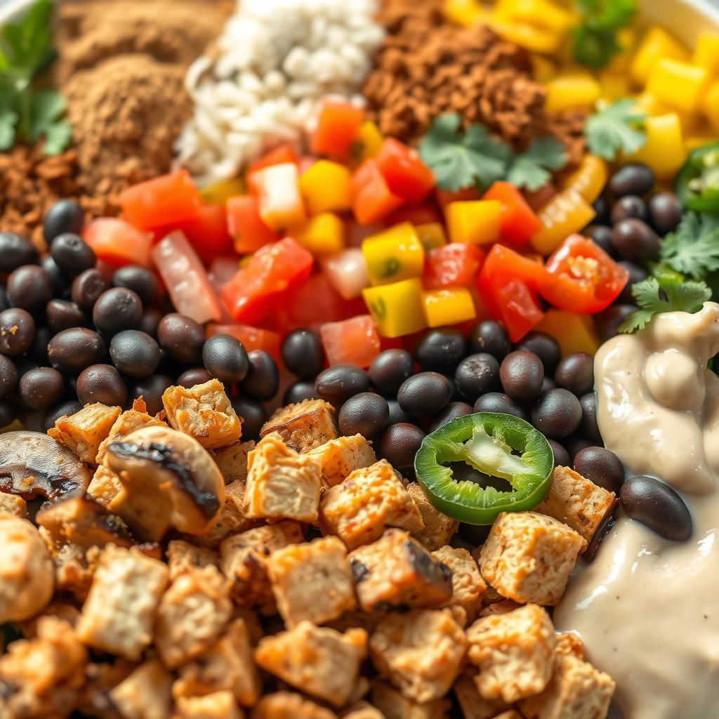A vibrant, mouth-watering close-up of an array of protein-packed vegan taco fillings. In the foreground, juicy sautéed mushrooms, crumbled tofu, and hearty black beans glisten under warm, natural lighting. The middle ground features a mix of colorful diced bell peppers, onions, and jalapeños, creating a textural contrast. In the background, a medley of spices, herbs, and condiments, including cumin, chili powder, cilantro, and a creamy, tangy cashew-based sauce, complete the scene. Captured at a slight angle to emphasize the depth and richness of the ingredients, evoking the savory, satisfying nature of these protein-dense vegan taco fillings. A vibrant, mouth-watering close-up of an array of protein-packed vegan taco fillings. In the foreground, juicy sautéed mushrooms, crumbled tofu, and hearty black beans glisten under warm, natural lighting. The middle ground features a mix of colorful diced bell peppers, onions, and jalapeños, creating a textural contrast. In the background, a medley of spices, herbs, and condiments, including cumin, chili powder, cilantro, and a creamy, tangy cashew-based sauce, complete the scene. Captured at a slight angle to emphasize the depth and richness of the ingredients, evoking the savory, satisfying nature of these protein-dense vegan taco fillings.