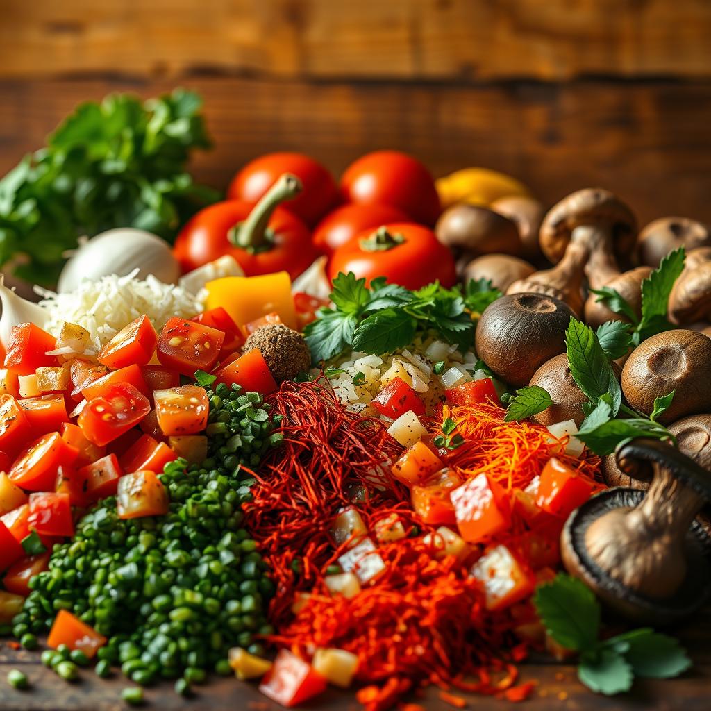 A vibrant still life of assorted flavor upgrades for a vegan paella dish, illuminated by warm, natural lighting. In the foreground, an arrangement of freshly chopped herbs, spices, and aromatic ingredients like garlic, onion, and bell peppers. In the middle ground, a selection of seasonal produce such as juicy tomatoes, vibrant saffron threads, and rich, earthy mushrooms. In the background, a rustic wooden surface, hinting at the homemade, wholesome nature of the dish. The scene evokes the rich, layered flavors and vibrant colors that can be achieved through thoughtful ingredient selection and preparation, perfectly complementing the "Flavor upgrades and seasonal swaps" section of the vegan paella recipe article.