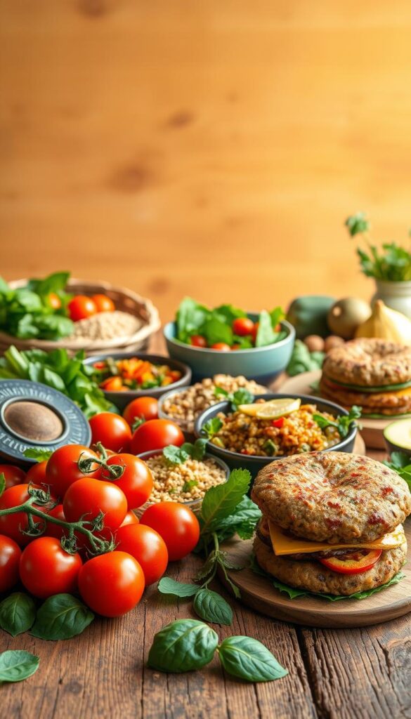 A vibrant still life showcasing a variety of easy, delicious vegan recipes. In the foreground, a rustic wooden table displays an assortment of fresh produce, whole grains, and plant-based ingredients - vibrant tomatoes, crisp leafy greens, hearty quinoa, and creamy avocado. In the middle ground, several simple yet enticing vegan dishes come into focus - a colorful vegetable stir-fry, a comforting lentil and rice casserole, and a delectable plant-based burger. The background features a warm, natural lighting, casting a cozy glow over the scene. The overall mood is one of nourishment, simplicity, and approachability, inviting the viewer to explore these easy-to-prepare, wholesome vegan recipes. A vibrant still life showcasing a variety of easy, delicious vegan recipes. In the foreground, a rustic wooden table displays an assortment of fresh produce, whole grains, and plant-based ingredients - vibrant tomatoes, crisp leafy greens, hearty quinoa, and creamy avocado. In the middle ground, several simple yet enticing vegan dishes come into focus - a colorful vegetable stir-fry, a comforting lentil and rice casserole, and a delectable plant-based burger. The background features a warm, natural lighting, casting a cozy glow over the scene. The overall mood is one of nourishment, simplicity, and approachability, inviting the viewer to explore these easy-to-prepare, wholesome vegan recipes.