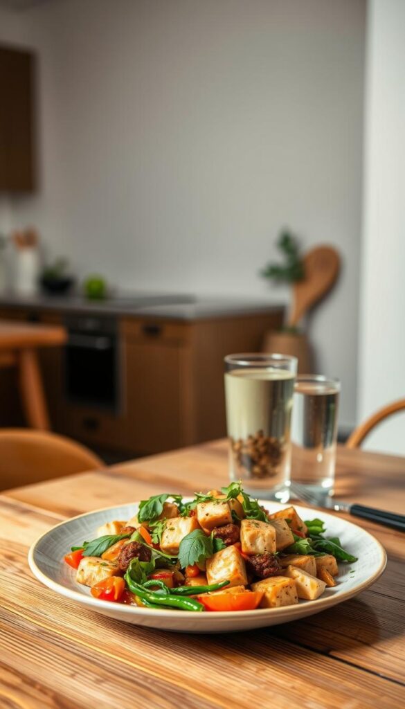 A visually appetizing vegan dinner scene, capturing a simple yet delectable meal. In the foreground, a wooden table with a plate of freshly prepared vegan food, such as a hearty stir-fry with vibrant vegetables, tofu, and fragrant herbs. In the middle ground, a glass of refreshing water or a chilled beverage complements the meal. The background features a minimalist, natural-toned kitchen setting, with clean lines and subtle lighting, creating a calming and inviting atmosphere. The overall composition emphasizes the ease and simplicity of a nourishing, plant-based dinner that can be enjoyed any night of the week. A visually appetizing vegan dinner scene, capturing a simple yet delectable meal. In the foreground, a wooden table with a plate of freshly prepared vegan food, such as a hearty stir-fry with vibrant vegetables, tofu, and fragrant herbs. In the middle ground, a glass of refreshing water or a chilled beverage complements the meal. The background features a minimalist, natural-toned kitchen setting, with clean lines and subtle lighting, creating a calming and inviting atmosphere. The overall composition emphasizes the ease and simplicity of a nourishing, plant-based dinner that can be enjoyed any night of the week.