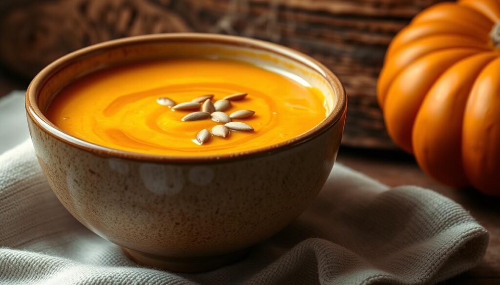 Warm butternut squash soup in a rustic bowl, topped with pumpkin seeds, with an orange pumpkin in the background, evoking cozy holiday dining.