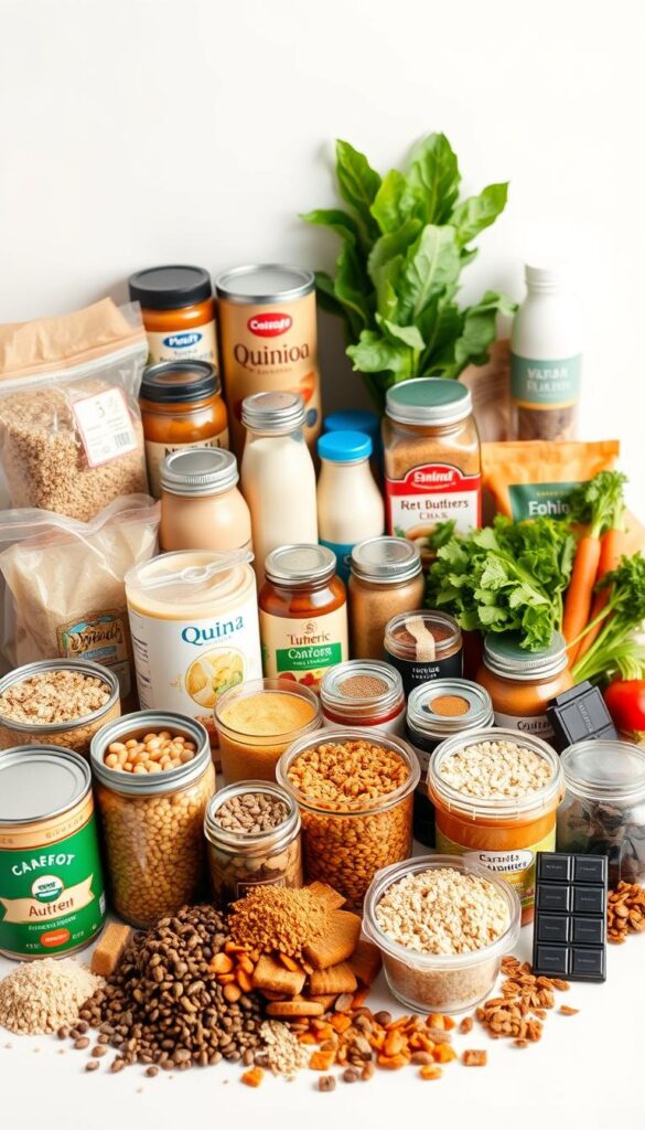 A well-lit, high-angle photograph of a neatly arranged collection of common vegan pantry staples against a clean, bright background. In the foreground, a variety of whole grains like quinoa, brown rice, and oats, alongside cans of beans, lentils, and tomatoes. In the middle ground, jars of nut butters, plant-based milks, and spices like turmeric, cumin, and garlic powder. In the background, leafy greens, fresh produce like carrots and onions, and a few vegan snacks like trail mix and dark chocolate. The overall scene conveys a sense of organization, accessibility, and the versatility of these essential vegan ingredients. A well-lit, high-angle photograph of a neatly arranged collection of common vegan pantry staples against a clean, bright background. In the foreground, a variety of whole grains like quinoa, brown rice, and oats, alongside cans of beans, lentils, and tomatoes. In the middle ground, jars of nut butters, plant-based milks, and spices like turmeric, cumin, and garlic powder. In the background, leafy greens, fresh produce like carrots and onions, and a few vegan snacks like trail mix and dark chocolate. The overall scene conveys a sense of organization, accessibility, and the versatility of these essential vegan ingredients.