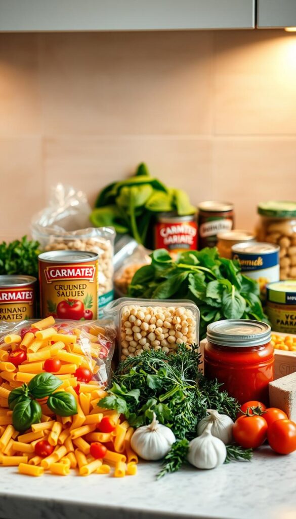 Assorted pantry staples for vegan cooking, including dried pasta, fresh basil, garlic, tomatoes, and canned sauces, arranged on a well-lit kitchen counter.