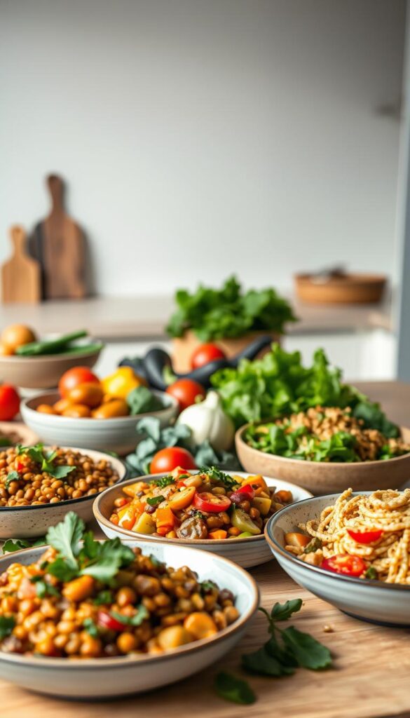An artfully composed still life of a variety of vegan-friendly dishes, shot in soft, natural lighting with a shallow depth of field. In the foreground, a colorful array of plant-based dishes, such as a hearty lentil stew, a vibrant vegetable stir-fry, and a creamy cashew-based pasta. The middle ground features various fresh ingredients, like leafy greens, colorful peppers, and wholesome grains. The background showcases a simple, minimalist kitchen setting, with clean lines and muted tones to create a serene, inviting atmosphere. The overall scene evokes a sense of ease and simplicity, reflecting the approachable nature of these vegan easy dinner recipes.