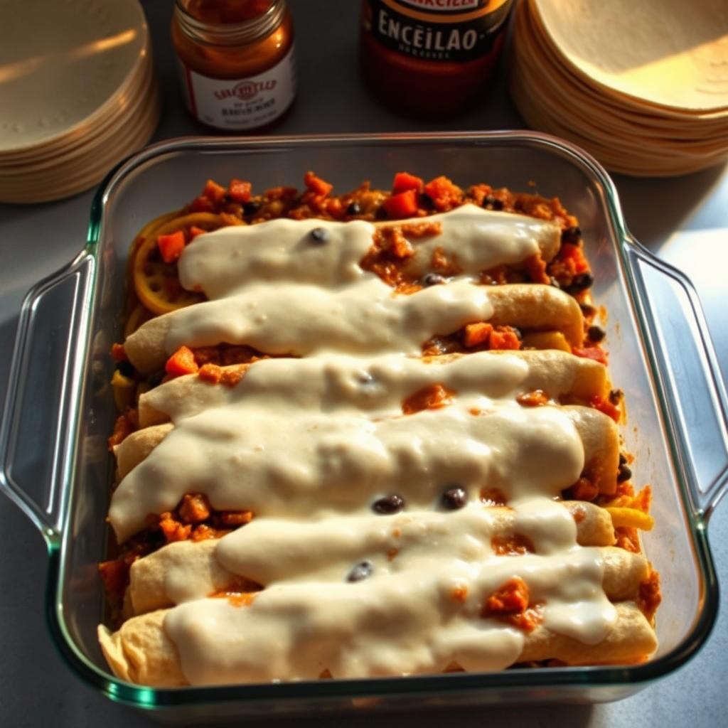 An overhead shot of freshly assembled vegan enchiladas in a glass baking dish, ready to be frozen. The enchiladas are tightly packed, with corn tortillas wrapped around a vibrant, spiced filling of sautéed vegetables, black beans, and a creamy cashew-based sauce. The dish is bathed in warm, golden lighting, casting soft shadows and highlighting the rich textures. In the background, a minimal kitchen counter or table setting with a stack of tortillas, a jar of enchilada sauce, and a few kitchen utensils. The scene conveys a sense of homemade comfort and the ease of preparing make-ahead, freezable enchiladas.