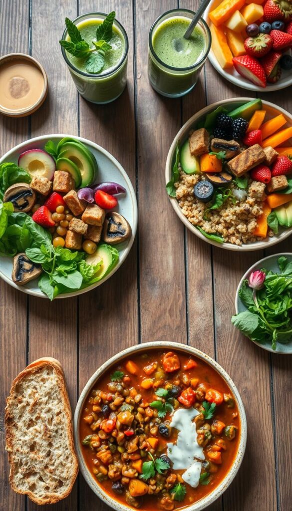Beautifully lit overhead shot of an assortment of vibrant, freshly prepared vegan plant-based dishes arranged on a rustic wooden table. In the foreground, a hearty lentil and vegetable stew with crusty artisan bread, alongside a colorful salad of leafy greens, roasted vegetables, and a creamy dressing. In the middle ground, a platter of roasted tofu and quinoa buddha bowls, garnished with sautéed mushrooms, avocado, and toasted seeds. In the background, a smoothie with leafy greens and vibrant berries, and a plate of colorful fresh fruit. Soft, natural lighting illuminates the scene, highlighting the appetizing textures and flavors of these nourishing, plant-based recipes.
