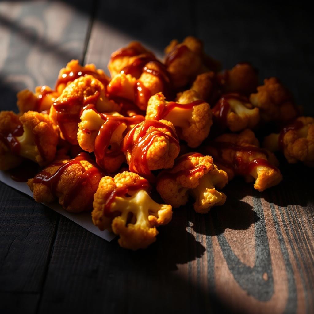 Crisp, golden-brown cauliflower florets arranged in a mouthwatering display, drizzled with a glossy, tantalizing sauce. The wings are nestled on a dark, rustic wooden surface, casting dramatic shadows that accentuate their tantalizing texture. Soft, diffused lighting from the side creates a moody, appetizing atmosphere, highlighting the vibrant colors and caramelized edges of the cauliflower. The overall composition evokes a sense of indulgence and game-day delight, perfectly complementing the "Crispy, sticky, and saucy" section of the vegan Asian recipes article. Crispy golden-brown cauliflower florets drizzled with sweet-spicy sauce, resembling Korean fried chicken, on a wooden surface.