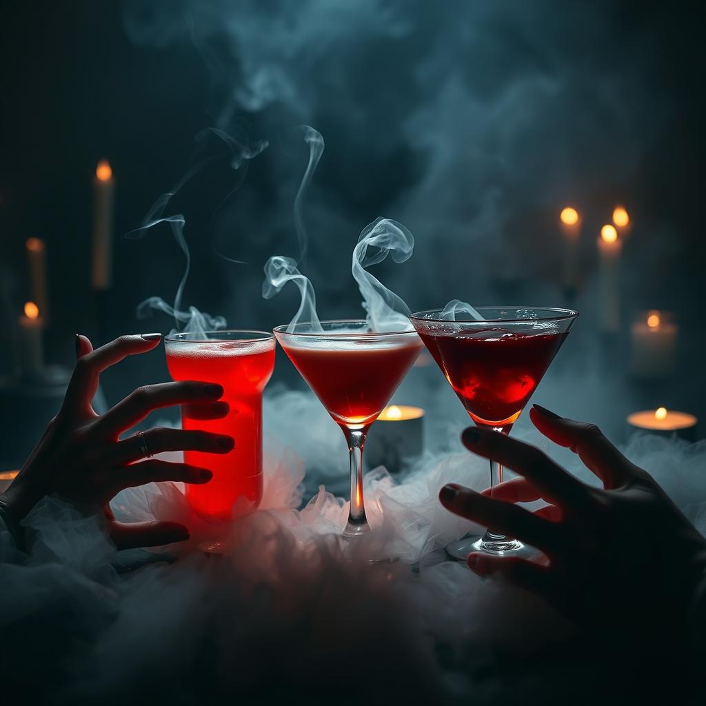 Ghoulish vegan drinks with smoke effects, featuring red cocktails in elegant glasses, surrounded by candles and a moody atmosphere, perfect for Halloween-themed gatherings.