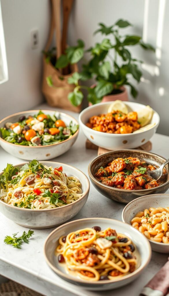 Stylish vegan weeknight meals in a cozy kitchen setting. A visually appealing arrangement of freshly prepared dishes, including a vibrant salad, a hearty stew, and a delectable pasta dish. Soft, natural lighting illuminates the scene, creating a warm and inviting atmosphere. The composition highlights the textures and colors of the plant-based ingredients, showcasing the simplicity and deliciousness of vegan cooking. Minimal, uncluttered backdrop allows the food to be the focal point. Overall, a visually appetizing and inspiring scene that captures the essence of "vegan easy recipes dinner for busy weeknights". Stylish vegan weeknight meals in a cozy kitchen setting. A visually appealing arrangement of freshly prepared dishes, including a vibrant salad, a hearty stew, and a delectable pasta dish. Soft, natural lighting illuminates the scene, creating a warm and inviting atmosphere. The composition highlights the textures and colors of the plant-based ingredients, showcasing the simplicity and deliciousness of vegan cooking. Minimal, uncluttered backdrop allows the food to be the focal point. Overall, a visually appetizing and inspiring scene that captures the essence of "vegan easy recipes dinner for busy weeknights".