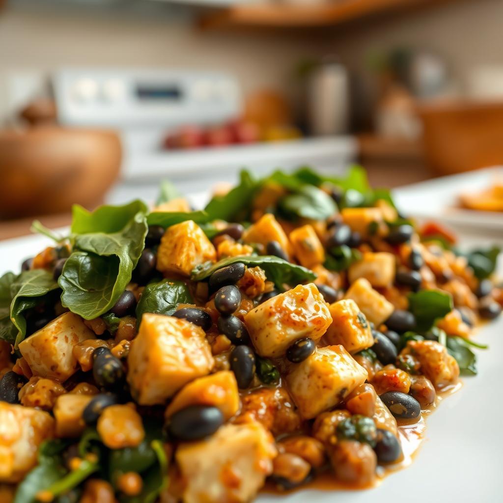 Tofu spinach black beans enchilada filling, a delectable vegan feast. In the foreground, a vibrant mélange of freshly sautéed tofu, leafy spinach, and earthy black beans, seasoned with aromatic spices. The middle ground showcases the filling's inviting texture, glistening with rich, creamy sauce. The background is a softly blurred, warm-toned kitchen setting, evoking a cozy, homemade atmosphere. Soft, natural lighting illuminates the dish, highlighting its vibrant colors and tempting appearance. Captured with a wide-angle lens to showcase the dish's hearty, generous portion. The overall mood is one of comforting, plant-based indulgence, ready to be wrapped in perfectly rolled enchiladas.