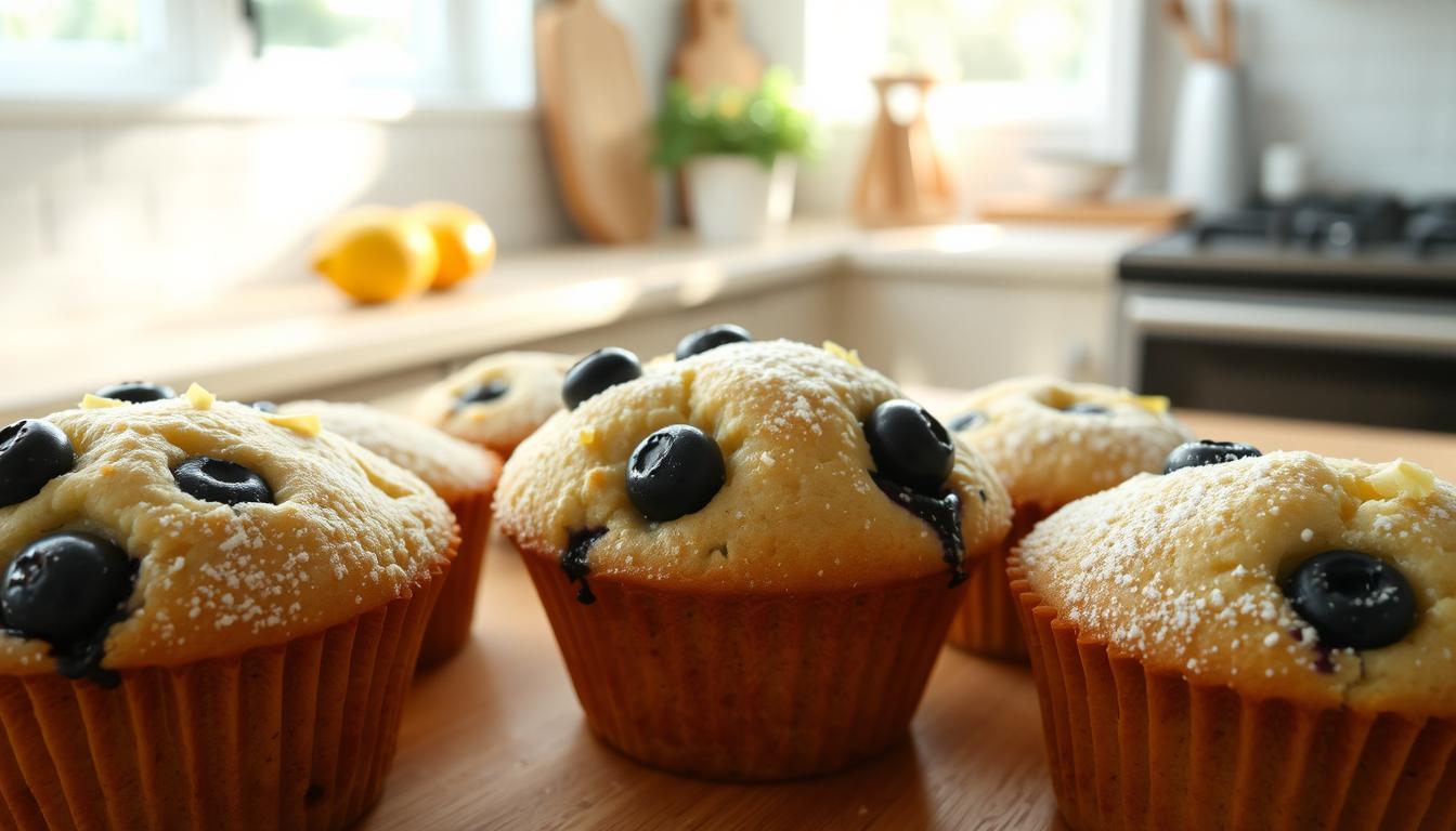Vegan lemon and blueberry muffins with powdered sugar, fresh blueberries, and a bright kitchen setting, highlighting plant-based baking.