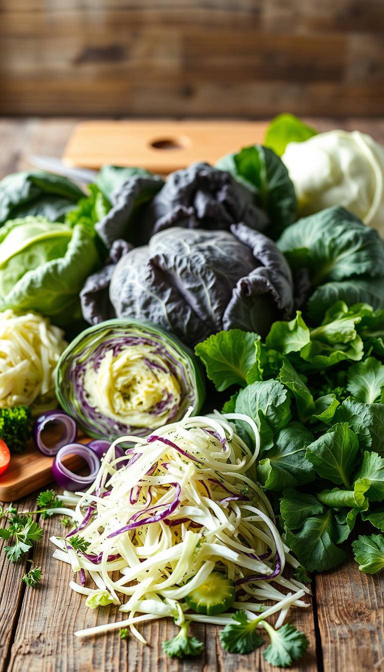 Fresh assortment of green and purple cabbage, shredded cabbage, and leafy greens on a wooden surface, highlighting nutritious vegan ingredients for healthy recipes.
