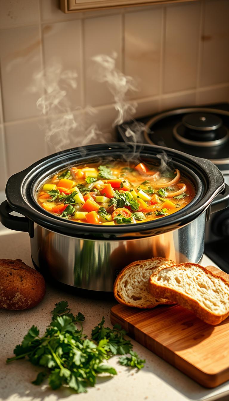 Vegan crockpot soup simmering with colorful vegetables, garnished with fresh cilantro, alongside slices of bread on a wooden cutting board, representing easy and healthy meal options.