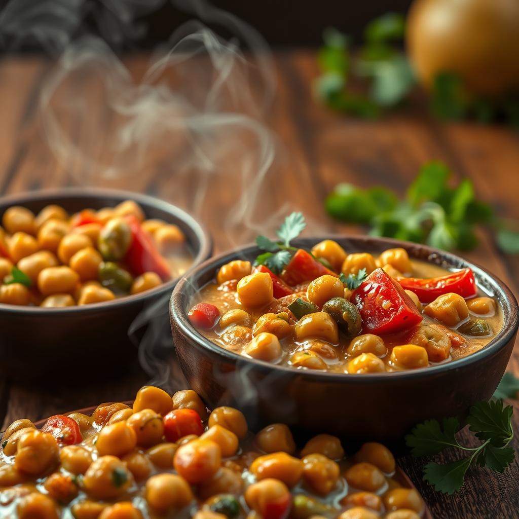 Vegan chickpea curry in dark bowls, garnished with cilantro and red peppers, steaming on a wooden table, showcasing a hearty plant-based meal.