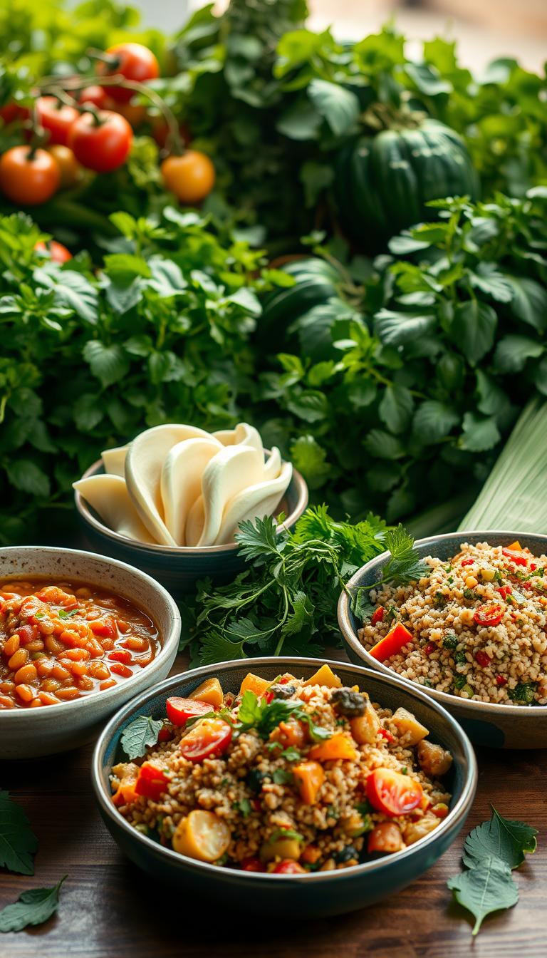 Vibrant vegan dinner spread featuring colorful couscous salad, hearty bean stew, and fresh vegetables, surrounded by herbs and greens, emphasizing easy and satisfying plant-based meals.