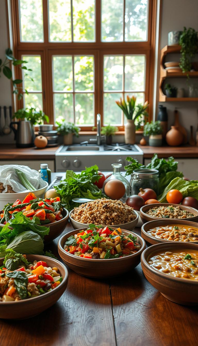 A variety of colorful vegan dishes in wooden bowls, including quinoa, mixed vegetables, and hearty soups, arranged on a wooden table with a bright kitchen backdrop featuring plants and natural light, representing easy vegan dinner recipes.