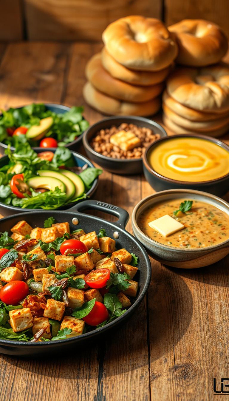 Vibrant vegan dinner spread featuring sautéed tofu with cherry tomatoes, fresh salad with avocado, and bowls of soup, emphasizing easy and nutritious plant-based recipes.
