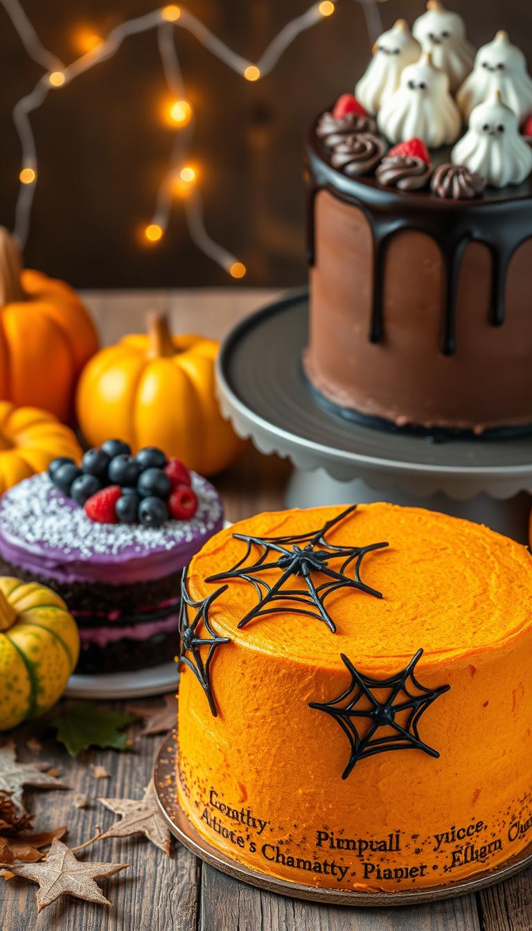 Vegan Halloween cakes featuring an orange spider-web decorated cake, a chocolate cake with ghostly meringues, and a berry-topped cake, surrounded by pumpkins and autumn leaves.