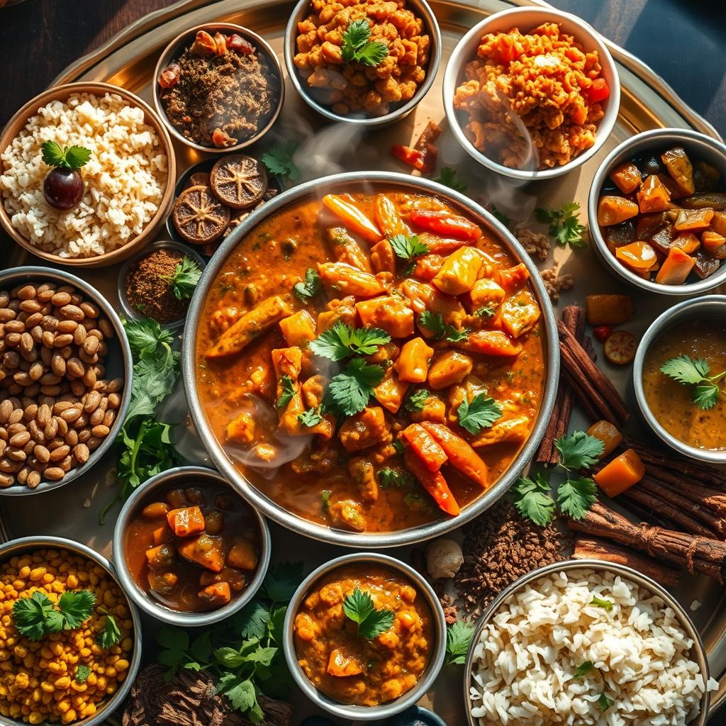 Vibrant assortment of vegan Indian dishes including a rich curry with vegetables, served with rice, legumes, and spices, showcasing plant-based flavors and cooking techniques.