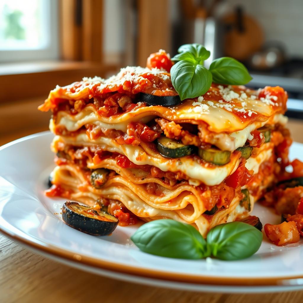Vegan lasagna layered with vegetables, tomato sauce, and plant-based cheese, garnished with fresh basil, showcasing a delicious plant-based meal option.