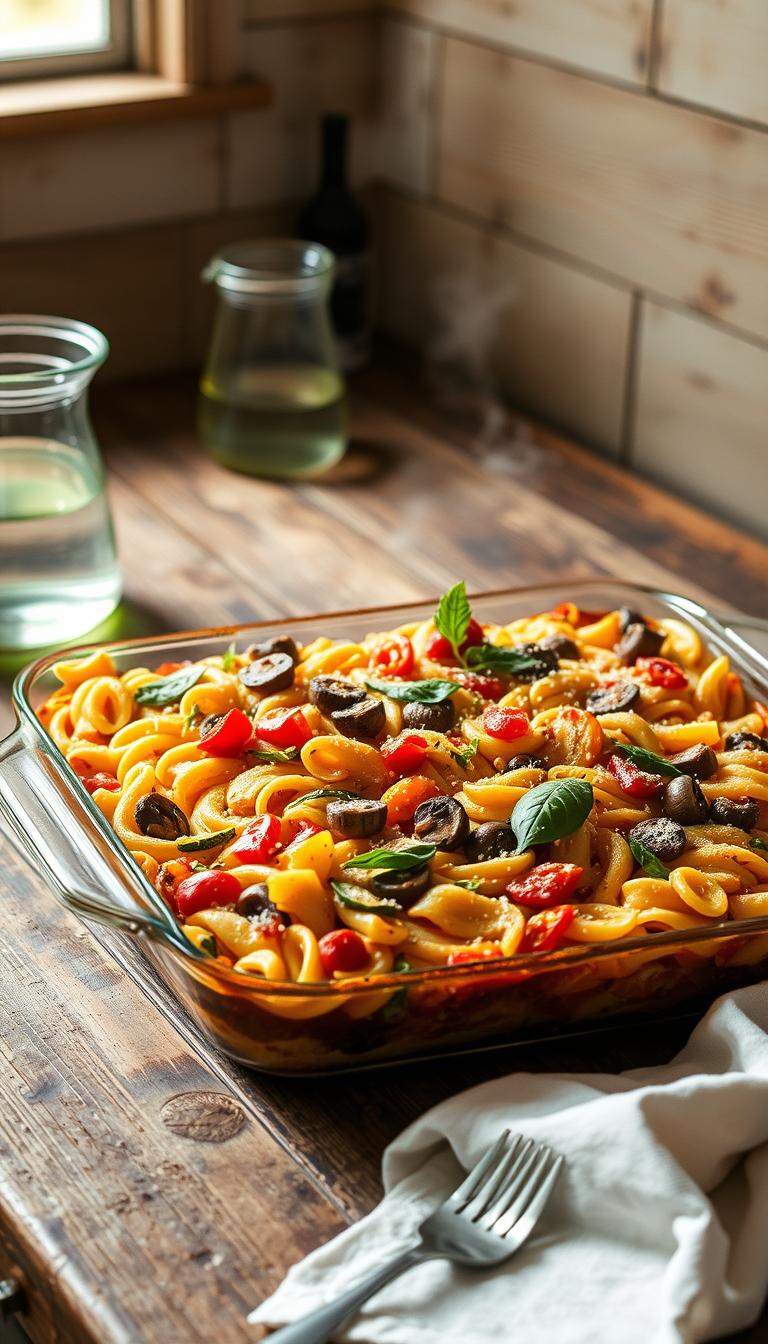 Vegan pasta bake with colorful vegetables, including cherry tomatoes and olives, in a glass dish on a wooden table, surrounded by natural light and a cozy kitchen setting.
