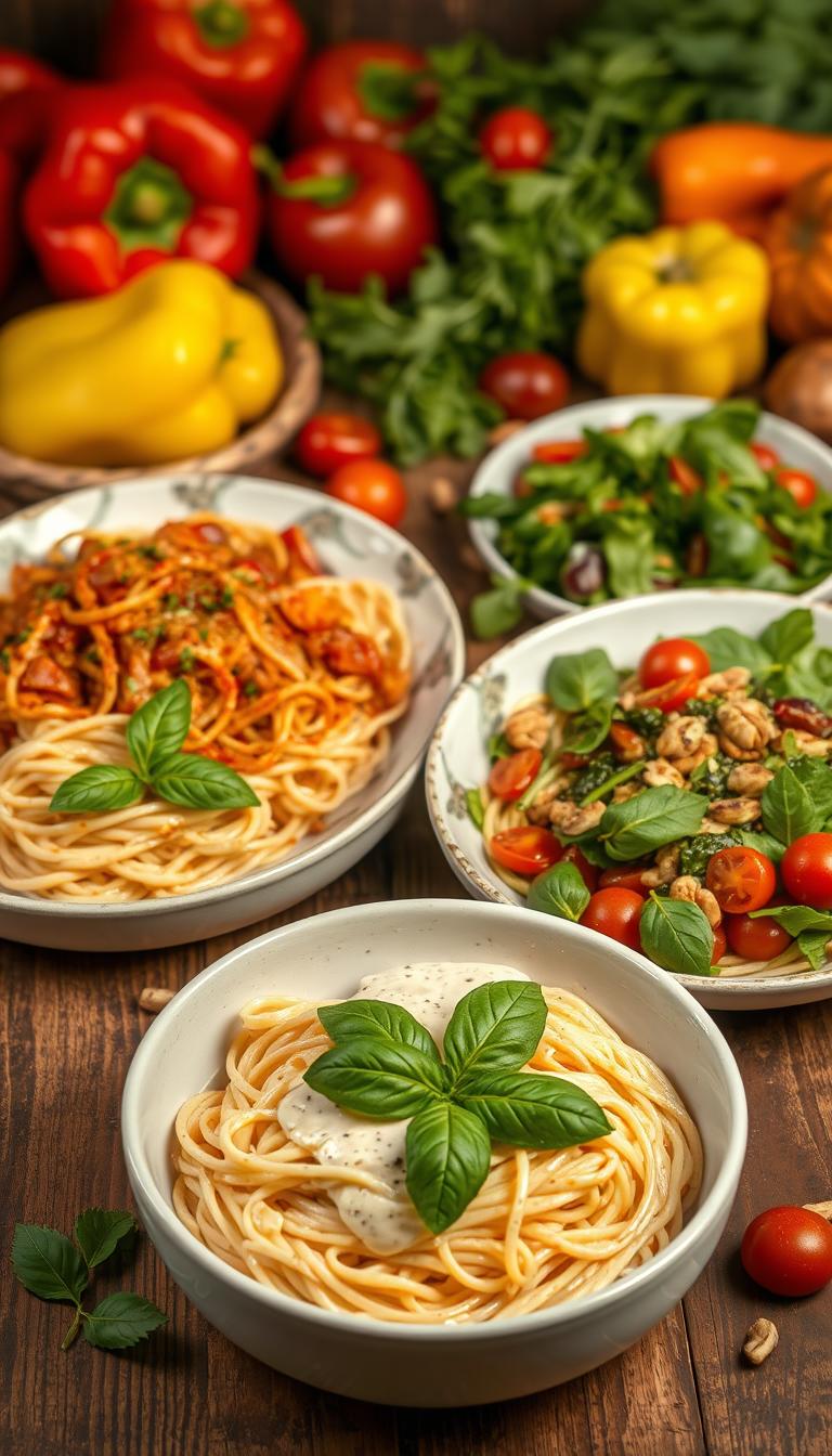 Vegan pasta dishes featuring creamy pasta with basil, marinara spaghetti, and fresh salads, surrounded by colorful vegetables, highlighting easy and healthy plant-based meal options.