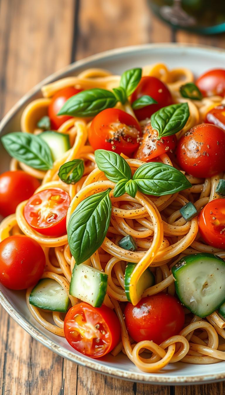 Vegan pasta salad with cherry tomatoes, basil, and cucumber in a bowl, highlighting fresh, healthy ingredients for easy plant-based meals.