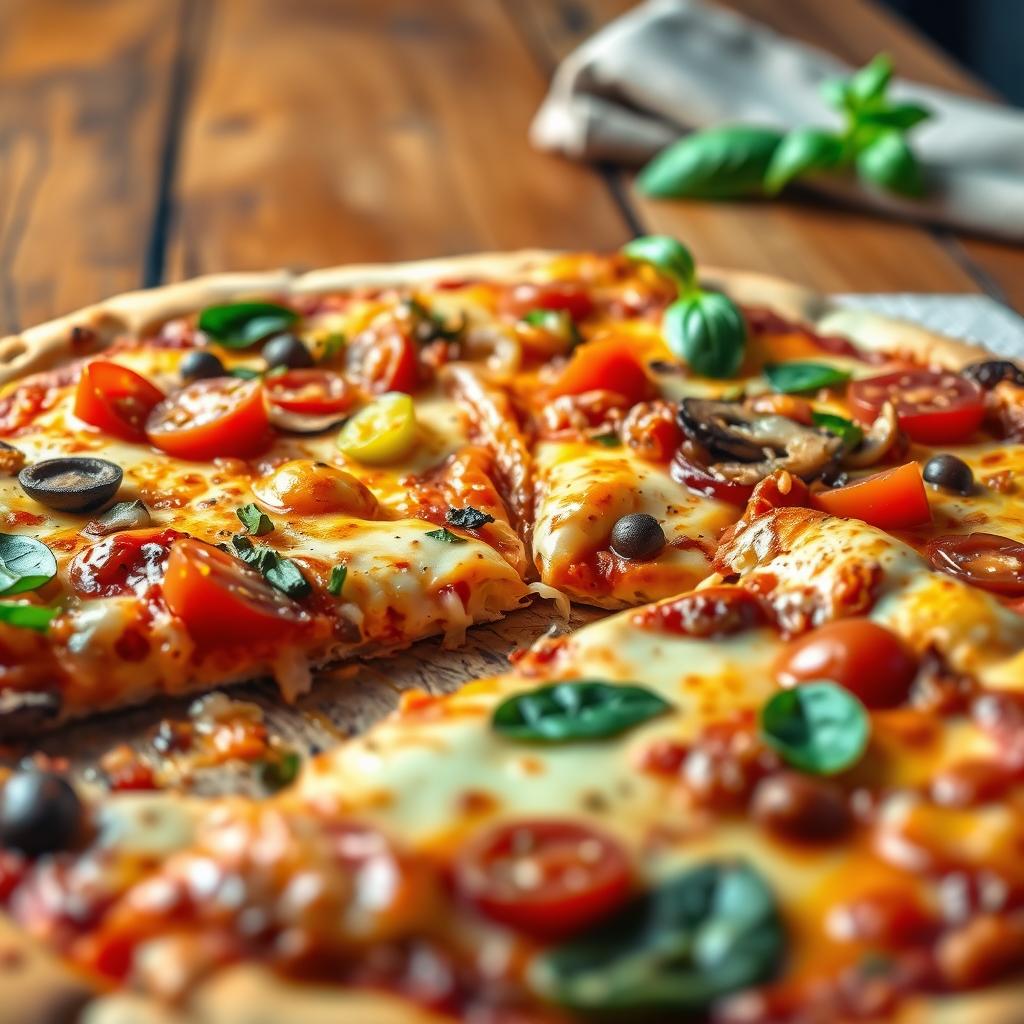 Vegan pizza topped with cherry tomatoes, olives, and fresh basil on a wooden board, showcasing vibrant colors and melted cheese, perfect for plant-based cooking enthusiasts.
