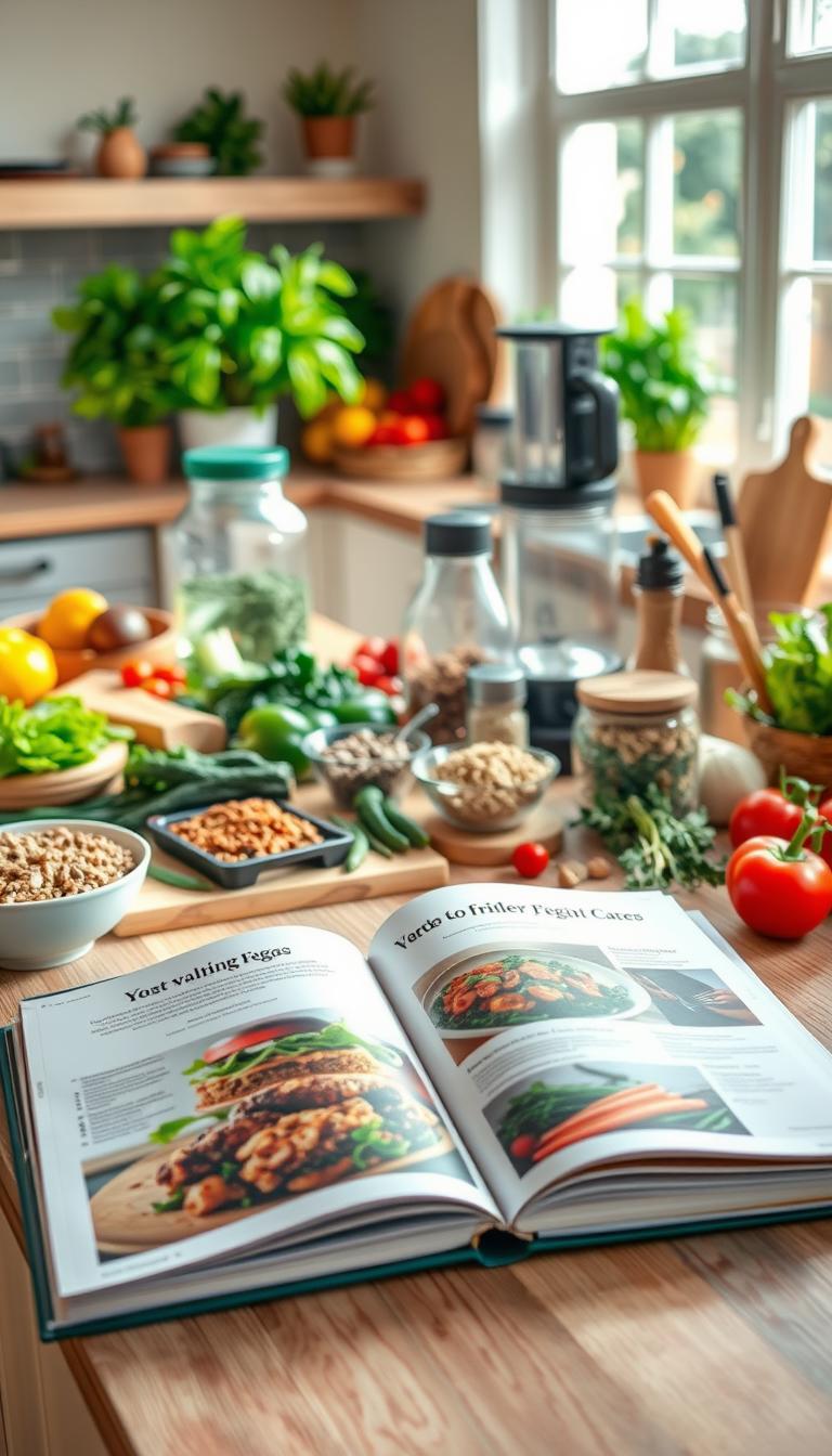 Vibrant kitchen scene with an open cookbook featuring vegan recipes, surrounded by fresh vegetables, herbs, and cooking ingredients, emphasizing healthy plant-based meal preparation for beginners.