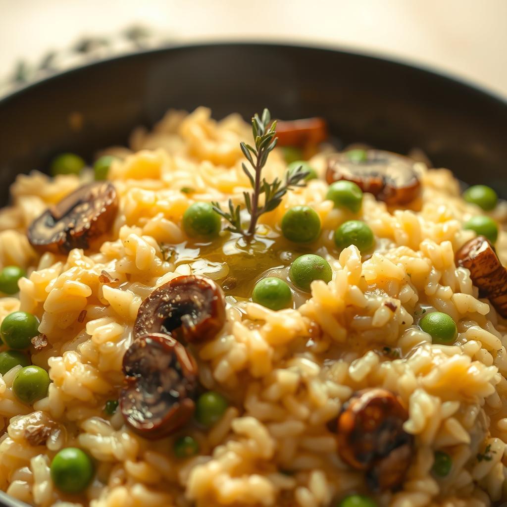 Vegan risotto with green peas, mushrooms, and a sprig of thyme, showcasing a delicious plant-based dish for healthy cooking.