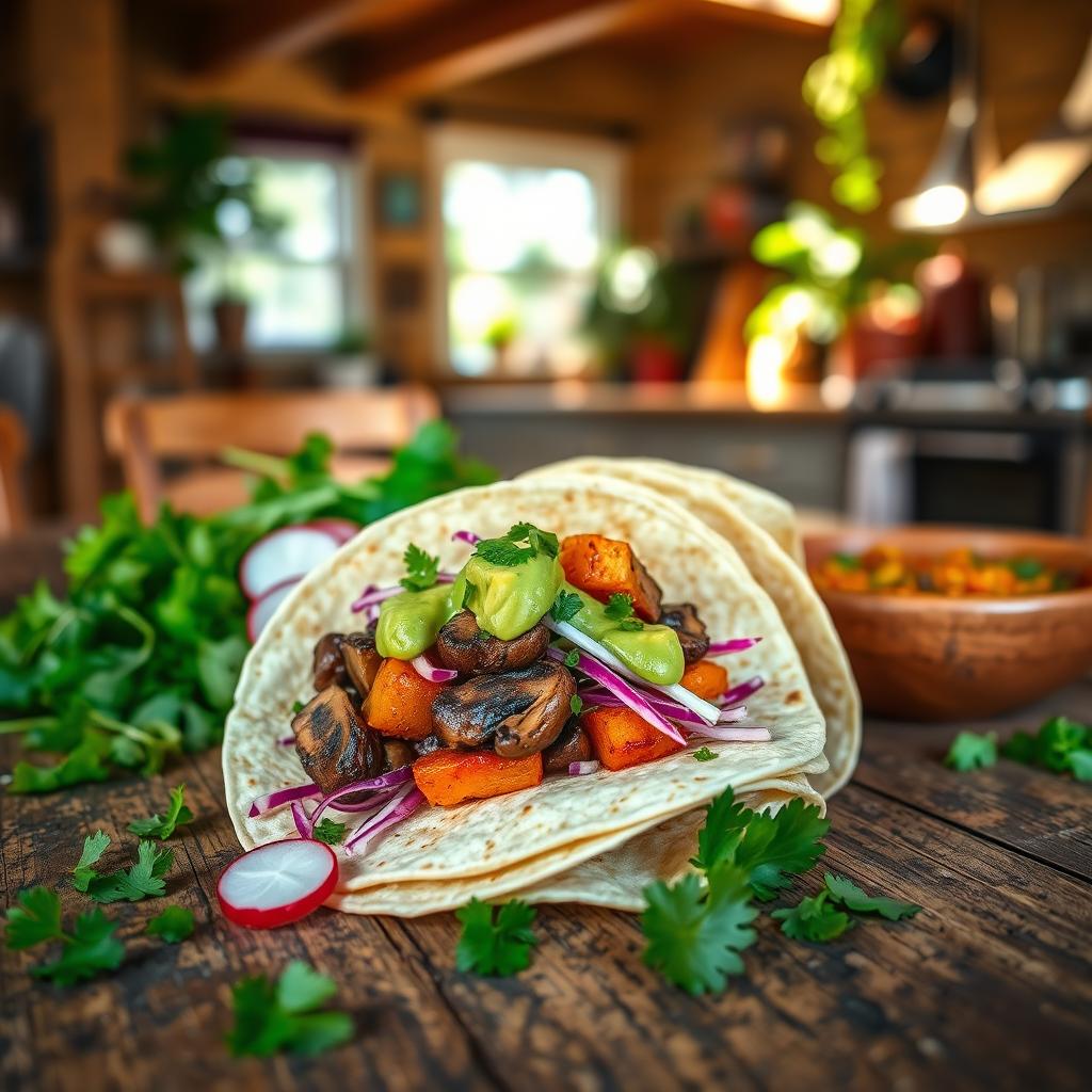 Vegan tacos filled with sautéed mushrooms, roasted butternut squash, red cabbage, and avocado, garnished with fresh cilantro, on a wooden table with a bowl of salsa in the background.