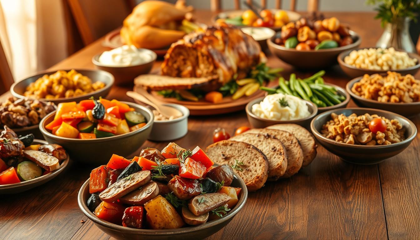 Vegan Thanksgiving spread featuring colorful roasted vegetables, plant-based main dish, mashed potatoes, and assorted sides on a wooden table.