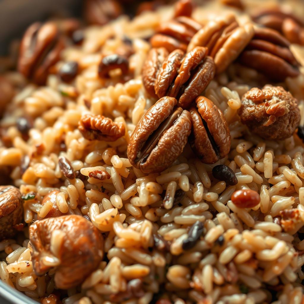 A bountiful harvest of wild rice nestled amongst earthy mushrooms, crowned with the rich crunch of toasted pecans. Soft, diffused lighting casts a warm glow, highlighting the textural interplay. The grains glisten, their nutty aroma permeating the scene. Blending rustic and refined, this savory side dish invites you to savor the abundance of the season. A centerpiece for your vegan Thanksgiving feast, this hearty grain and rice composition radiates a sense of nourishment and celebration.