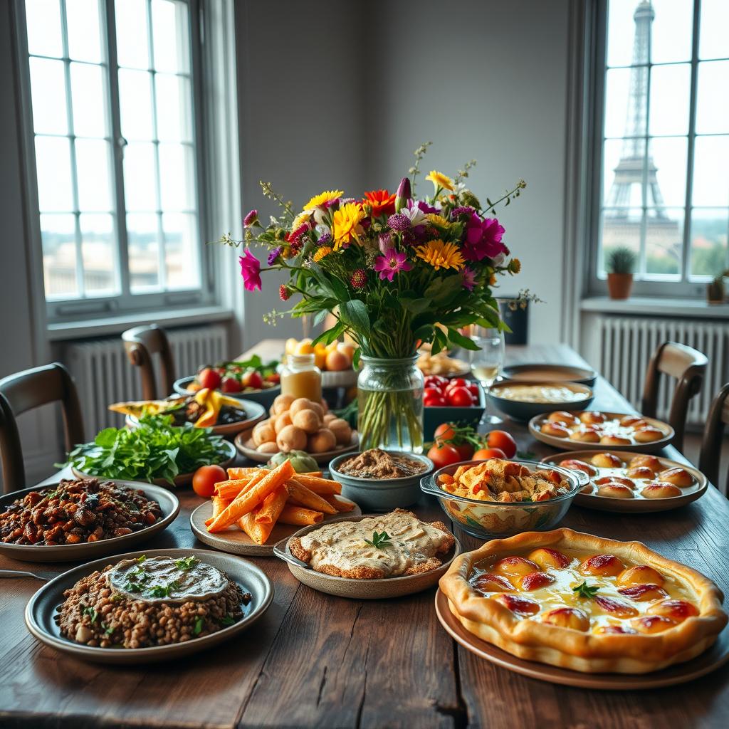 A bountiful vegan French feast laid out on a rustic wooden table, bathed in soft natural light streaming through large windows. In the foreground, a vibrant array of colorful plant-based dishes - a savory lentil and mushroom pâté, tender roasted vegetables seasoned with fresh herbs, a decadent cashew-based béchamel-smothered gratin, and a delicate fruit galette with a buttery, flaky crust. The middle ground features a centerpiece vase overflowing with fragrant seasonal flowers, while the background showcases a minimalist Parisian-inspired interior with whitewashed walls, dark wood accents, and the faint silhouette of the Eiffel Tower visible through the windows.