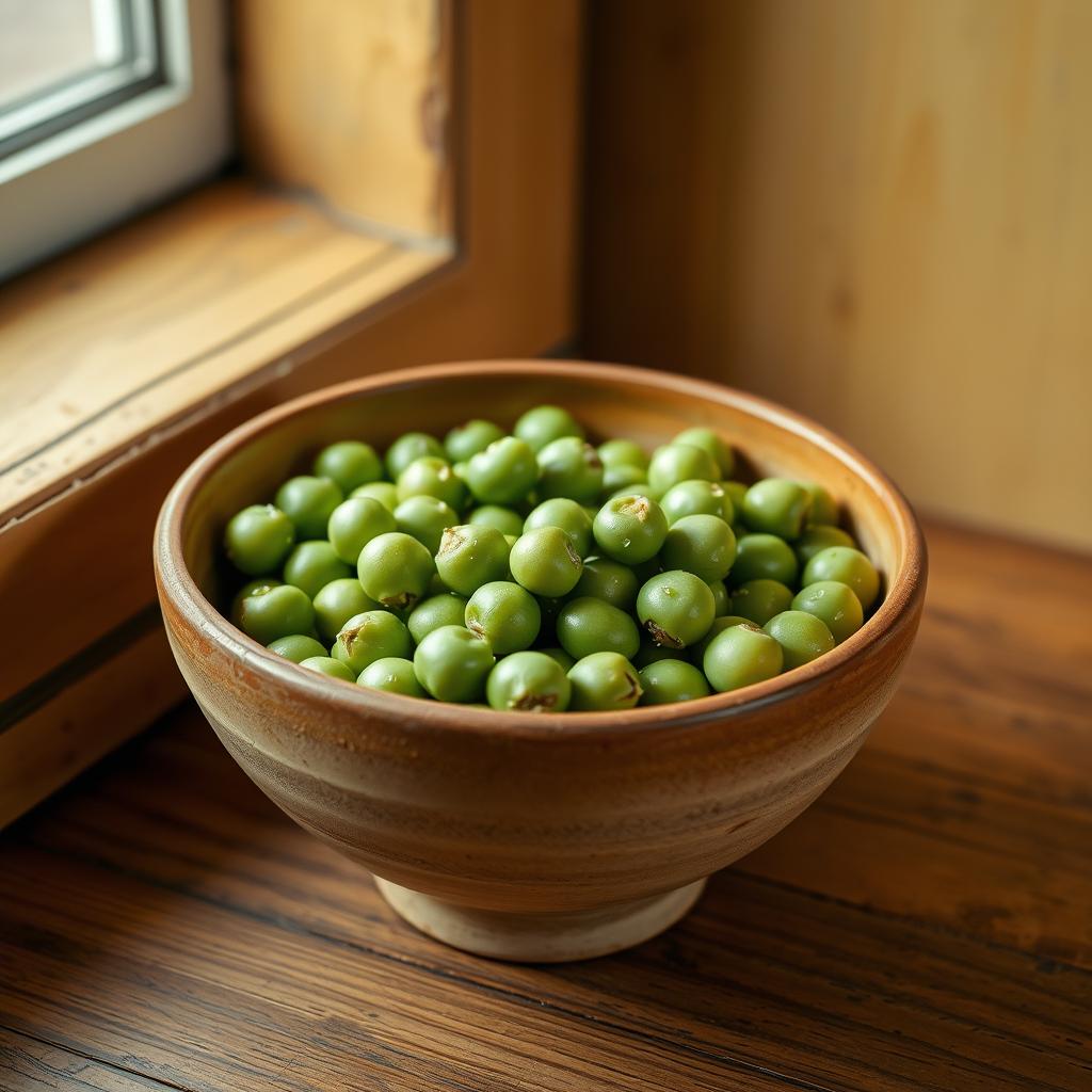 A bowl of freshly shelled peas set against a warm, earthy backdrop. The peas are plump, vibrant green, and glistening with a light coating of water droplets. The bowl is crafted from rustic, unglazed ceramic, placed atop a wooden surface with a slight distressed finish. Soft, diffused lighting from a window casts a gentle, natural glow, casting subtle shadows that add depth and texture. The overall scene evokes a sense of simplicity, nourishment, and the comforting flavors of a homemade, plant-based Jamaican dish. A bowl of freshly shelled peas set against a warm, earthy backdrop. The peas are plump, vibrant green, and glistening with a light coating of water droplets. The bowl is crafted from rustic, unglazed ceramic, placed atop a wooden surface with a slight distressed finish. Soft, diffused lighting from a window casts a gentle, natural glow, casting subtle shadows that add depth and texture. The overall scene evokes a sense of simplicity, nourishment, and the comforting flavors of a homemade, plant-based Jamaican dish.