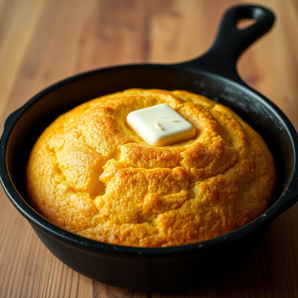 A close-up shot of a freshly baked cornbread, golden-brown crust with a soft, moist crumb. The cornbread is nestled in a well-seasoned cast-iron skillet, with a pat of vegan butter melting into the surface. The lighting is warm and inviting, casting a glow over the cornbread's texture. In the background, a wooden surface with a clean, rustic appearance, creating a cozy, homey atmosphere. The composition is balanced, showcasing the cornbread as the focal point, with a minimal, uncluttered setting to highlight its simple, comforting nature.
